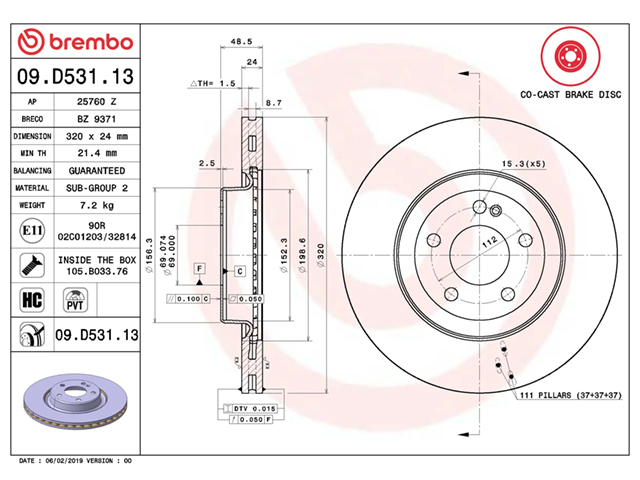 ブレーキローター(ディスクローター) リア brembo製 メルセデスベンツ [09D53113]