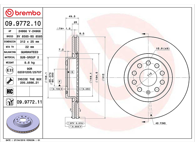 ブレーキローター(ディスクローター) フロント brembo製 VW(フォルクスワーゲン) [09977211]