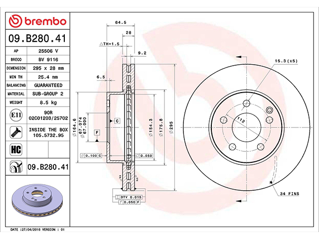 ブレーキローター(ディスクローター) フロント brembo製 メルセデスベンツ  [09B28041]